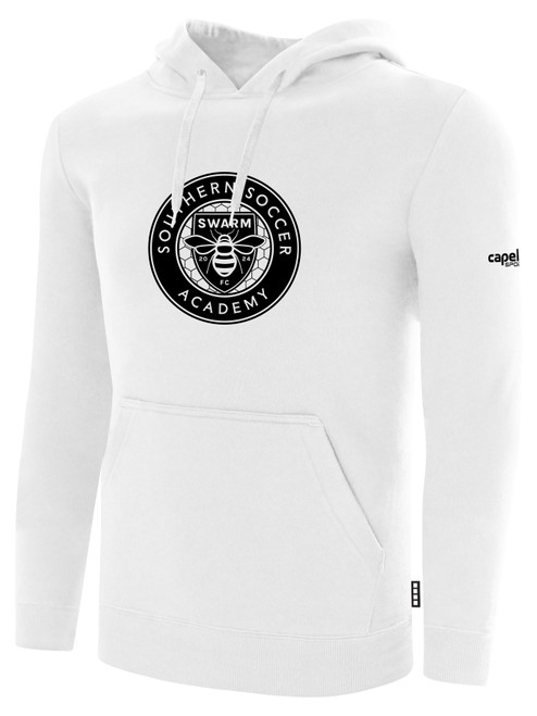 SOUTHERN SOCCER ACADEMY BASICS FLEECE PULLOVER HOODIE TEAM CREST ON WEARERS CENTER CHEST WHITE BLACK