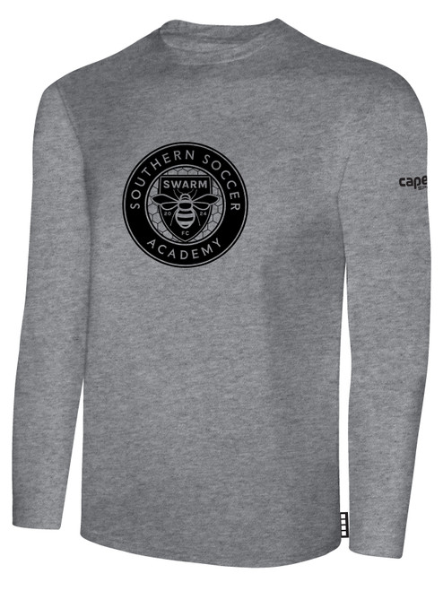 SOUTHERN SOCCER ACADEMY BASICS LONG SLEEVE COTTON TEE TEAM CREST ON WEARERS CENTER CHEST LIGHT HEATHER GREY BLACK