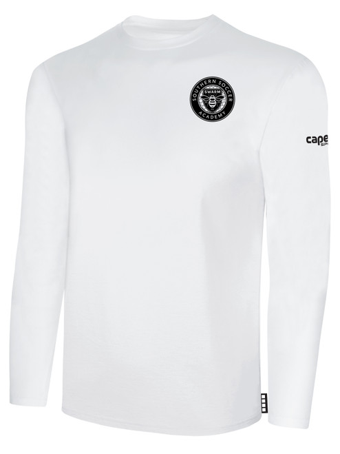 SOUTHERN SOCCER ACADEMY BASICS LONG SLEEVE COTTON TEE TEAM CREST ON WEARERS LEFT CHEST WHITE BLACK