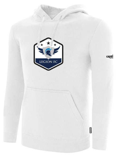 LEGION FC BASICS FLEECE PULLOVER HOODIE CREST ON WEARERS CENTER CHEST WHITE BLACK