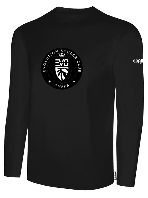 EVOLUTION SC BASICS LONG SLEEVE COTTON TEE TEAM CREST ON WEARERS CENTER CHEST BLACK WHITE
