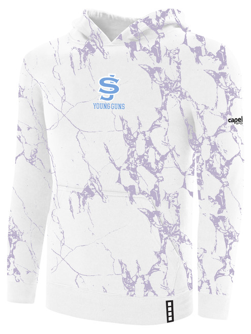 SOUTH JERSEY YOUNG GUNS LIFESTYLE MARBLE FLEECE PULLOVER HOODIE WITH SLEEVE LOGO WHITE SOFT LAVENDER