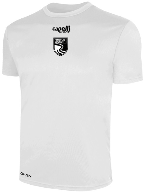 POTOMAC SOCCER BASICS CREW NECK POLY TEE CREST ON WEARER'S CENTER CHEST WHITE