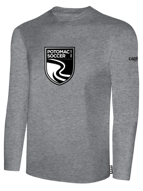 POTOMAC SOCCER BASICS LONG SLEEVE COTTON TEE TEAM CREST ON WEARERS CENTER CHEST LIGHT HEATHER GREY BLACK