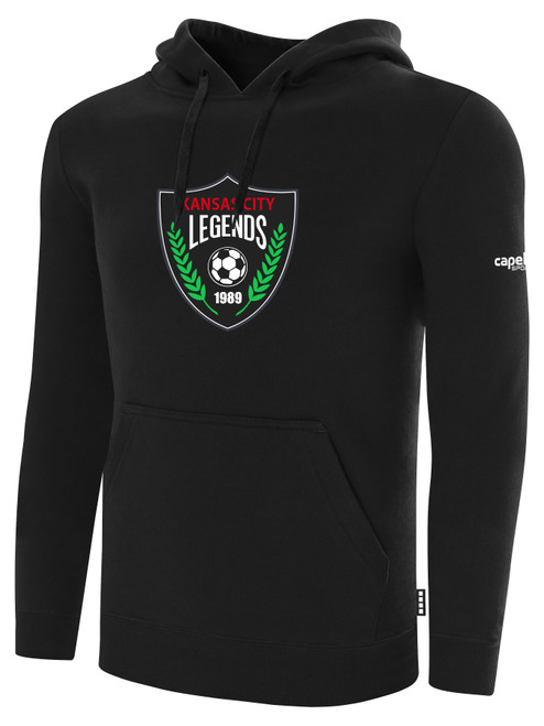 KC LEGENDS BASICS FLEECE PULLOVER HOODIE TEAM CREST ON WEARERS CENTER CHEST BLACK WHITE