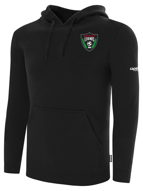 KC LEGENDS BASICS FLEECE PULLOVER HOODIE TEAM CREST ON WEARERS LEFT CHEST BLACK WHITE