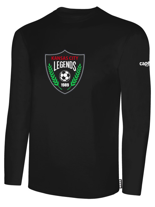 KC LEGENDS BASICS LONG SLEEVE COTTON TEE TEAM CREST ON WEARERS CENTER CHEST BLACK WHITE