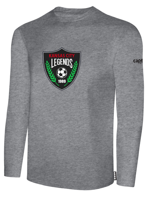 KC LEGENDS BASICS LONG SLEEVE COTTON TEE TEAM CREST ON WEARERS CENTER CHEST LIGHT HEATHER GREY BLACK