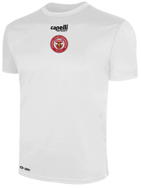 SUDAMERICA SWARM FC BASICS CREW NECK POLY TEE CREST ON WEARER'S CENTER CHEST WHITE