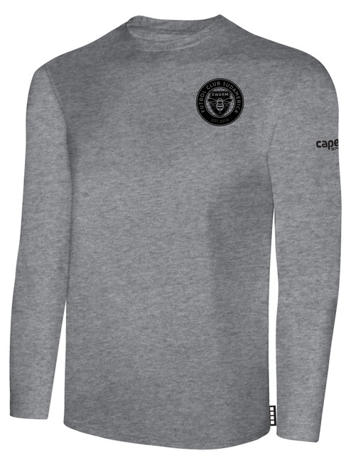 SUDAMERICA SWARM FC BASICS LONG SLEEVE COTTON TEE TEAM CREST ON WEARERS LEFT CHEST LIGHT HEATHER GREY BLACK
