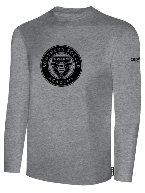 RAD SWARM FC BASICS LONG SLEEVE COTTON TEE TEAM CREST ON WEARERS CENTER CHEST LIGHT HEATHER GREY BLACK
