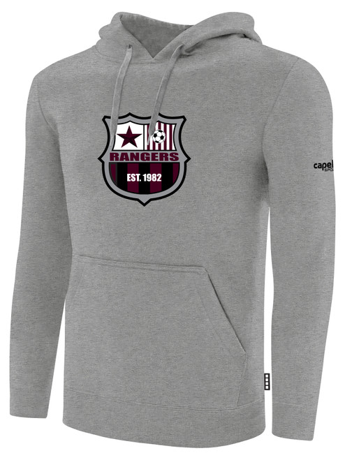 PUEBLO RANGERS BASICS FLEECE PULLOVER HOODIE TEAM CREST ON WEARERS CENTER CHEST LIGHT HEATHER GREY BLACK
