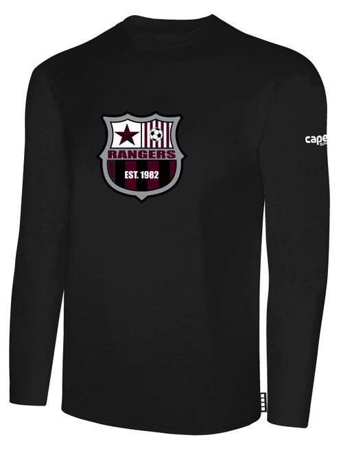 PUEBLO RANGERS BASICS LONG SLEEVE COTTON TEE TEAM CREST ON WEARERS CENTER CHEST BLACK WHITE