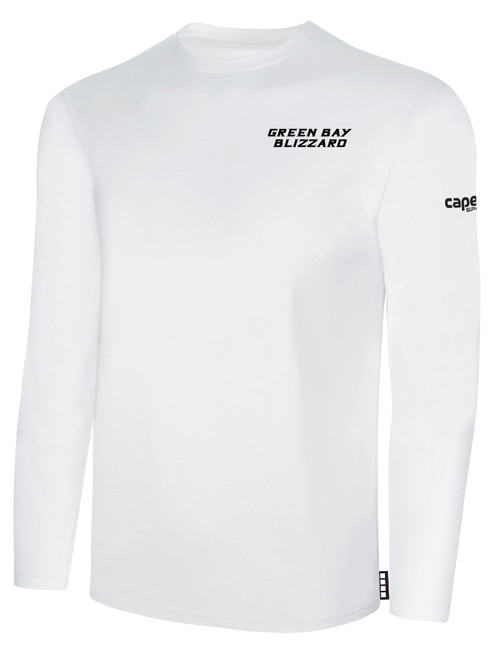 GREEN BAY BLIZZARD IFL BASICS LONG SLEEVE COTTON T-SHIRT CREST ON WEARERS LEFT CHEST WHITE BLACK