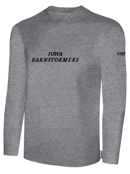 IOWA BARNSTORMERS IFL BASICS LONG SLEEVE COTTON T-SHIRT CREST ON WEARERS CENTER CHEST LIGHT HEATHER GREY BLACK