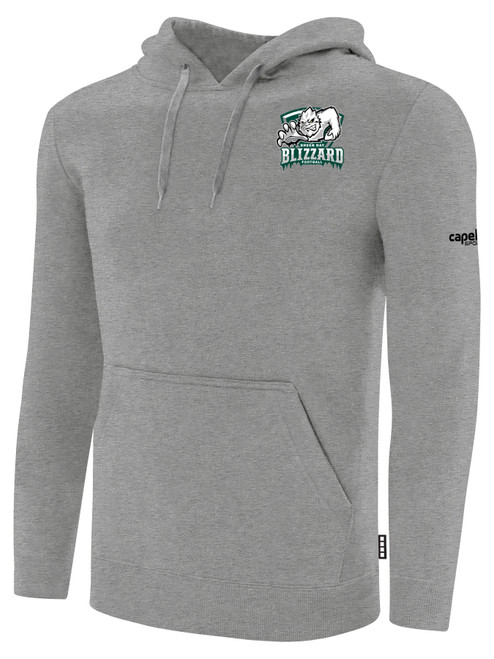 GREEN BAY BLIZZARD IFL BASICS FLEECE PULLOVER HOODIE CREST ON WEARERS LEFT CHEST LIGHT HEATHER GREY BLACK