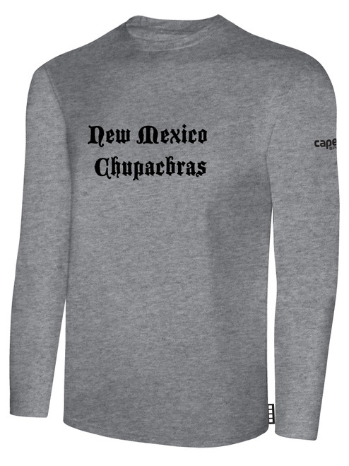 NEW MEXICO CHUPACABRAS IFL BASICS LONG SLEEVE COTTON T-SHIRT LARGE TEAM CREST ON WEARERS CENTER CHEST LIGHT HEATHER GREY BLACK
