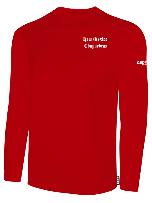 NEW MEXICO CHUPACABRAS IFL BASICS LONG SLEEVE COTTON T-SHIRT CREST ON WEARERS LEFT CHEST RED WHITE