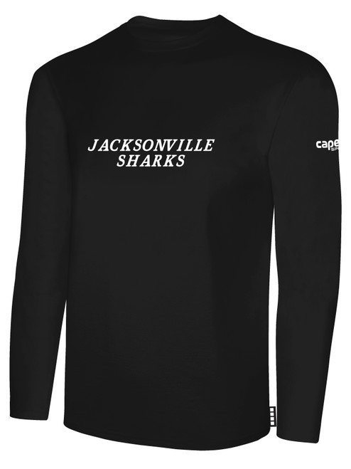 JACKSONVILLE SHARKS IFL BASICS LONG SLEEVE COTTON T-SHIRT CREST ON WEARERS CENTER CHEST BLACK WHITE