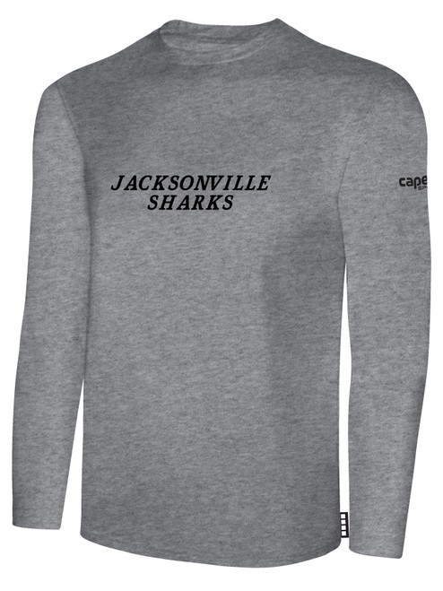 JACKSONVILLE SHARKS IFL BASICS LONG SLEEVE COTTON T-SHIRT CREST ON WEARERS CENTER CHEST LIGHT HEATHER GREY BLACK