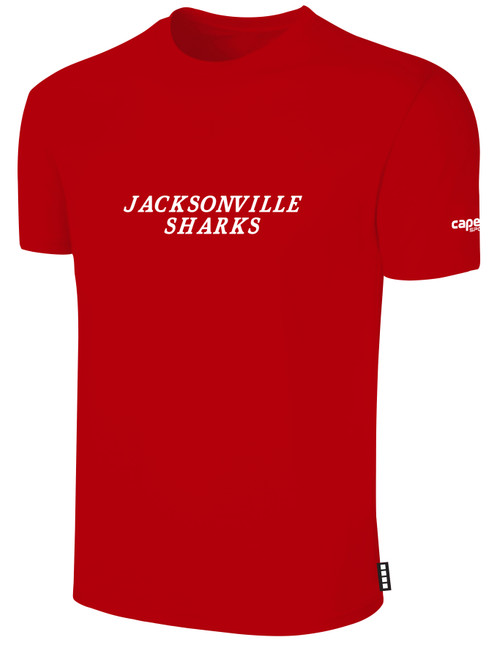 JACKSONVILLE SHARKS IFL BASICS COTTON T-SHIRT CREST ON WEARERS CENTER CHEST RED WHITE