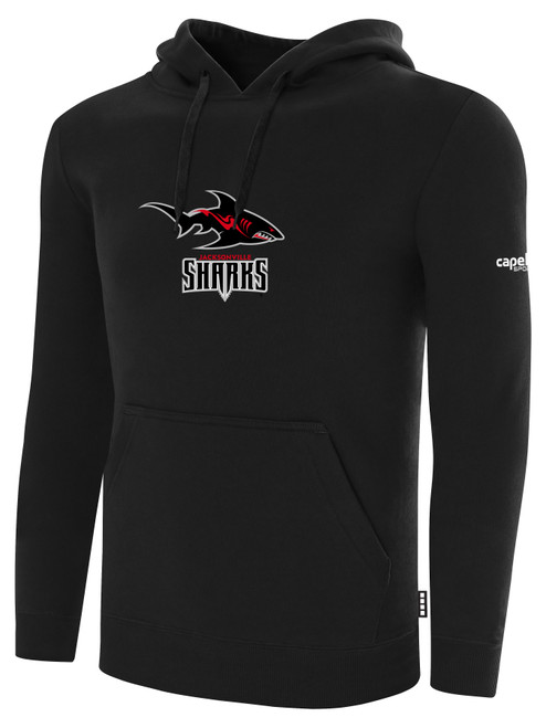JACKSONVILLE SHARKS IFL BASICS FLEECE PULLOVER HOODIE CREST ON WEARERS CENTER CHEST BLACK WHITE