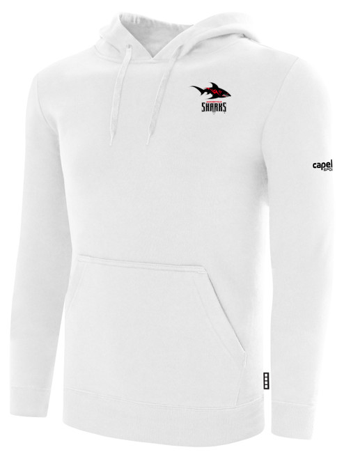 JACKSONVILLE SHARKS IFL BASICS FLEECE PULLOVER HOODIE CREST ON WEARERS LEFT CHEST WHITE BLACK