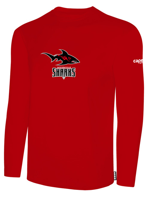 JACKSONVILLE SHARKS IFL BASICS LONG SLEEVE COTTON T-SHIRT CREST ON WEARERS CENTER CHEST RED WHITE