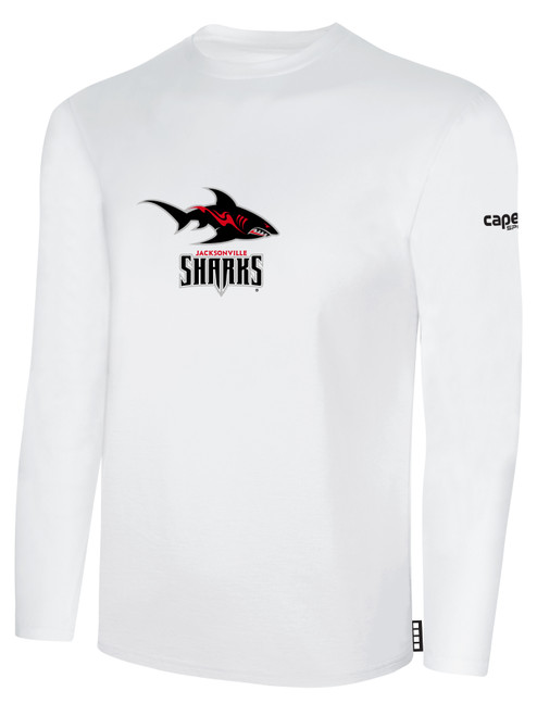 JACKSONVILLE SHARKS IFL BASICS LONG SLEEVE COTTON T-SHIRT CREST ON WEARERS CENTER CHEST WHITE BLACK