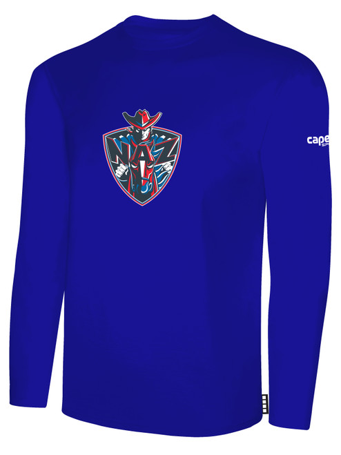 NORTHERN AZ WRANGLERS IFL BASICS LONG SLEEVE COTTON T-SHIRT CREST ON WEARERS CENTER CHEST ROYAL BLUE WHITE