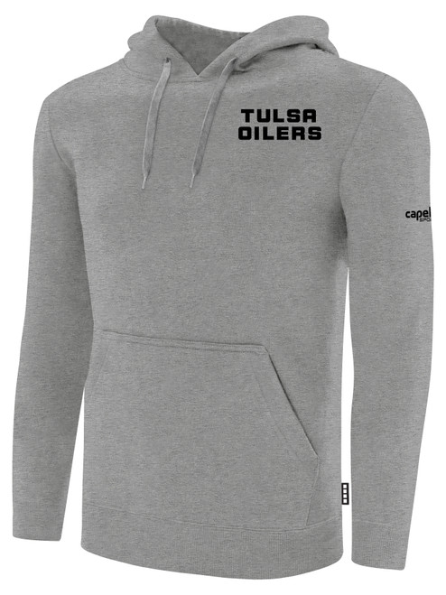 TULSA OILERS IFL BASICS FLEECE PULLOVER HOODIE CREST ON WEARERS LEFT CHEST LIGHT HEATHER GREY BLACK