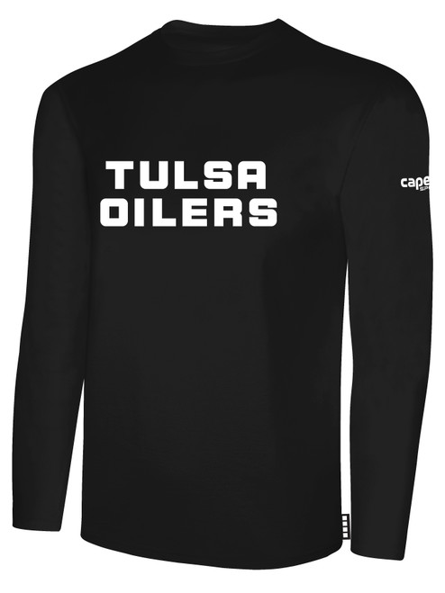 TULSA OILERS IFL BASICS LONG SLEEVE COTTON T-SHIRT CREST ON WEARERS CENTER CHEST BLACK WHITE