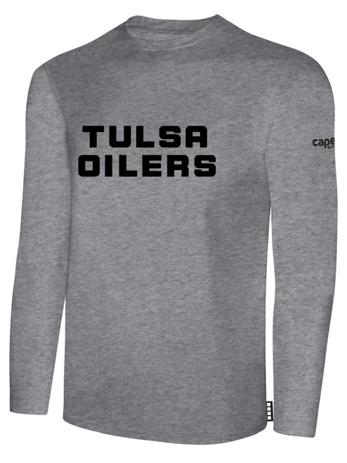 TULSA OILERS IFL BASICS LONG SLEEVE COTTON T-SHIRT CREST ON WEARERS CENTER CHEST LIGHT HEATHER GREY BLACK