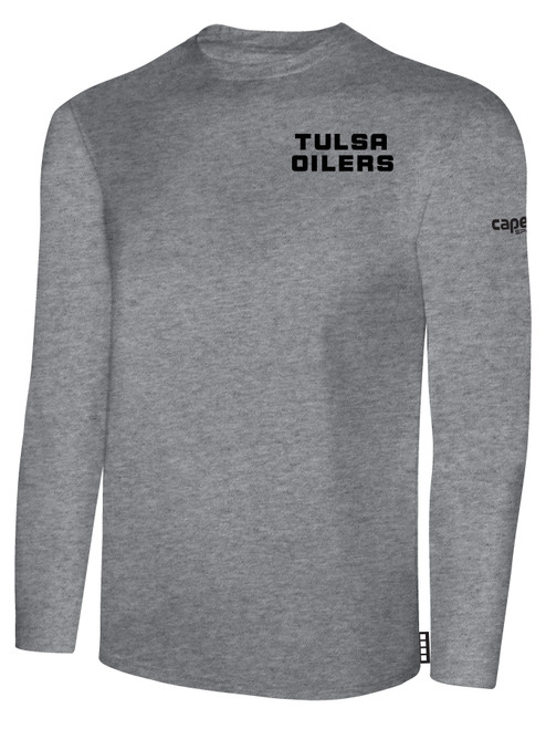 TULSA OILERS IFL BASICS LONG SLEEVE COTTON T-SHIRT CREST ON WEARERS LEFT CHEST LIGHT HEATHER GREY BLACK