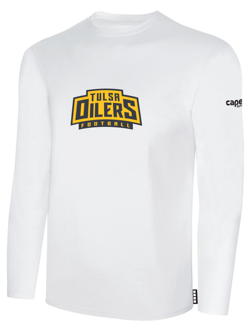 TULSA OILERS IFL BASICS LONG SLEEVE COTTON T-SHIRT CREST ON WEARERS CENTER CHEST WHITE BLACK