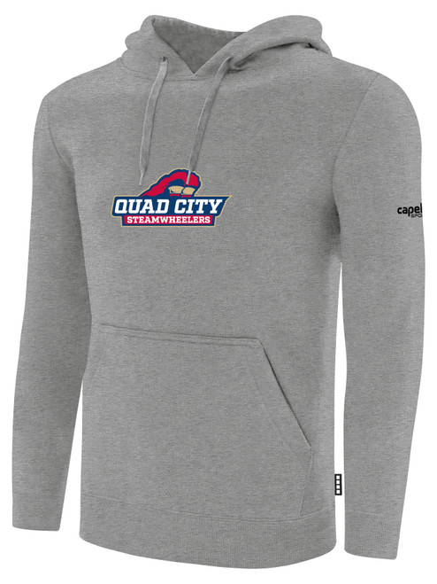 QUAD CITY STEAMWHEELERS IFL BASICS FLEECE PULLOVER HOODIE CREST ON WEARERS CENTER CHEST LIGHT HEATHER GREY BLACK