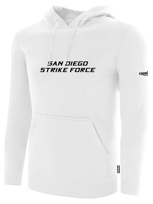SAN DIEGO STRIKE FORCE IFL BASICS FLEECE PULLOVER HOODIE CREST ON WEARERS CENTER CHEST WHITE BLACK