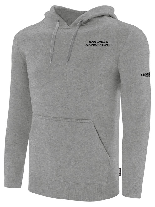SAN DIEGO STRIKE FORCE IFL BASICS FLEECE PULLOVER HOODIE CREST ON WEARERS LEFT CHEST LIGHT HEATHER GREY BLACK