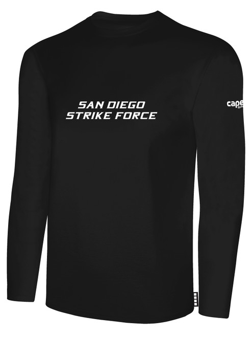 SAN DIEGO STRIKE FORCE IFL BASICS LONG SLEEVE COTTON T-SHIRT CREST ON WEARERS CENTER CHEST BLACK WHITE