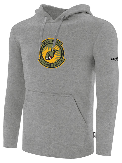 SAN DIEGO STRIKE FORCE IFL BASICS FLEECE PULLOVER HOODIE CREST ON WEARERS CENTER CHEST LIGHT HEATHER GREY BLACK