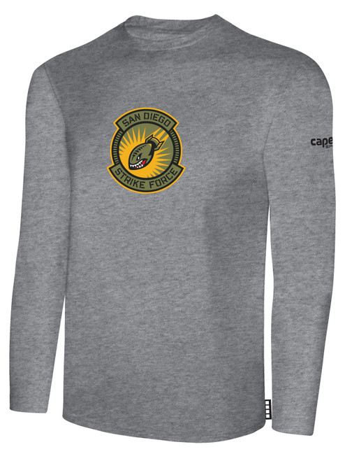 SAN DIEGO STRIKE FORCE IFL BASICS LONG SLEEVE COTTON T-SHIRT CREST ON WEARERS CENTER CHEST LIGHT HEATHER GREY BLACK