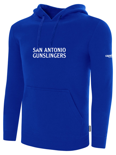 SAN ANTONIO GUNSLINGERS IFL BASICS FLEECE PULLOVER HOODIE CREST ON WEARERS CENTER CHEST ROYAL BLUE WHITE