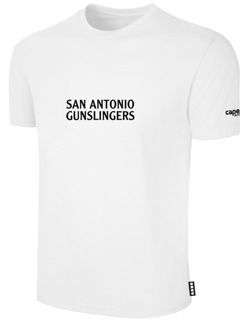 SAN ANTONIO GUNSLINGERS IFL BASICS COTTON T-SHIRT CREST ON WEARERS CENTER CHEST WHITE BLACK