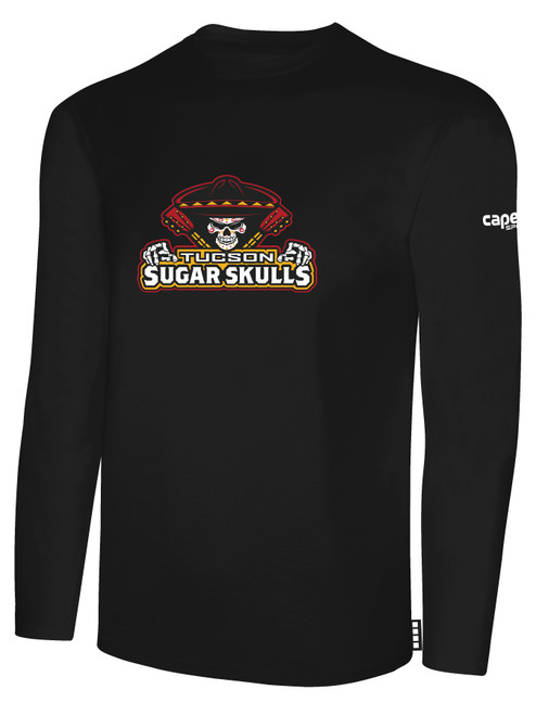 TUCSON SUGAR SKULLS IFL BASICS LONG SLEEVE COTTON T-SHIRT CREST ON WEARERS CENTER CHEST BLACK WHITE