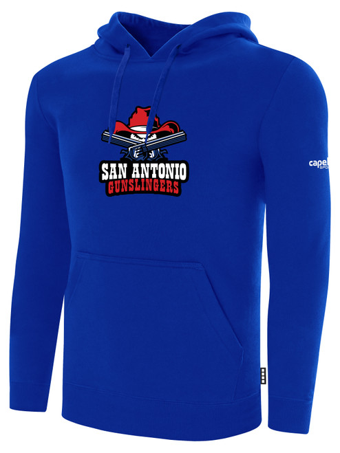 SAN ANTONIO GUNSLINGERS IFL BASICS FLEECE PULLOVER HOODIE CREST ON WEARERS CENTER CHEST ROYAL BLUE WHITE