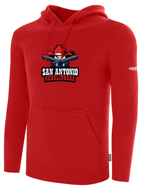 SAN ANTONIO GUNSLINGERS IFL BASICS FLEECE PULLOVER HOODIE CREST ON WEARERS CENTER CHEST RED WHITE