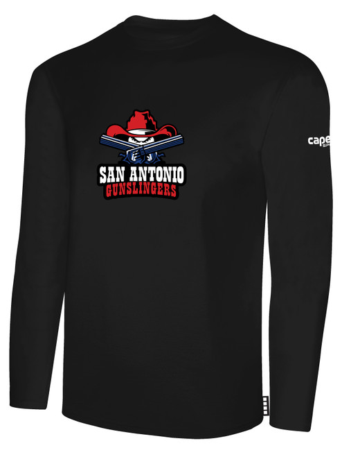 SAN ANTONIO GUNSLINGERS IFL BASICS LONG SLEEVE COTTON T-SHIRT CREST ON WEARERS CENTER CHEST BLACK WHITE