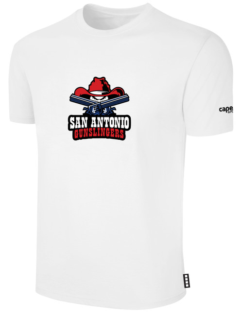 SAN ANTONIO GUNSLINGERS IFL BASICS COTTON T-SHIRT CREST ON WEARERS CENTER CHEST WHITE BLACK