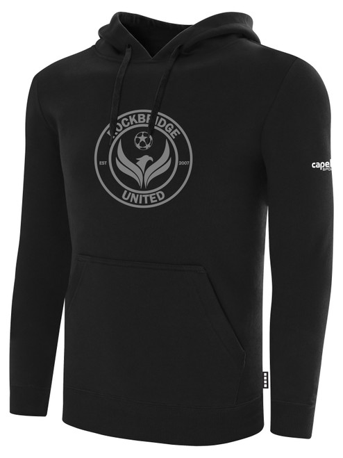ROCKBRIDGE UNITED BASICS FLEECE PULLOVER HOODIE TEAM CREST ON WEARERS CENTER CHEST BLACK WHITE