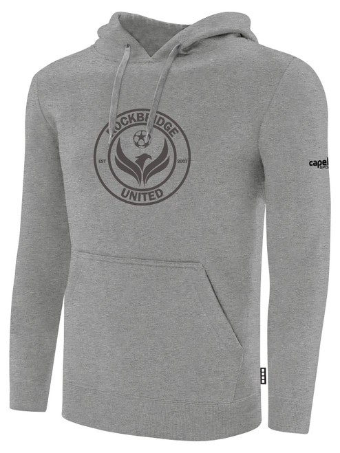 ROCKBRIDGE UNITED BASICS FLEECE PULLOVER HOODIE TEAM CREST ON WEARERS CENTER CHEST LIGHT HEATHER GREY BLACK